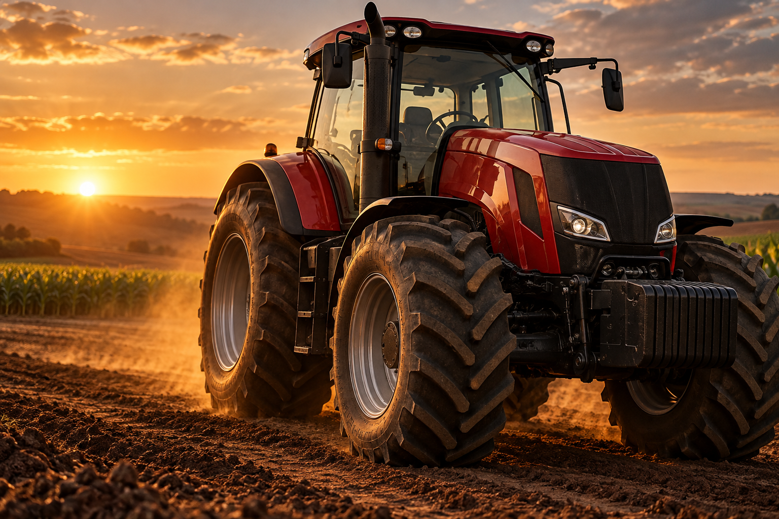 Imagem ilustrativa de trator vermelho no campo ao entardecer